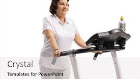  Presentation with treadmill - Slides featuring mature woman exercising on a treadmill isolated on white background background and a light gray colored foreground
