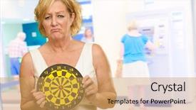  Presentation with board game - Colorful PPT theme enhanced with mature woman holding dart board backdrop and a yellow colored foreground