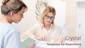  Presentation with nail salon beauty nails concept - PPT layouts consisting of mature-woman-in-eyeglasses-asking background and a lemonade colored foreground