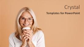  Presentation with eyeglasses - Audience pleasing slide set consisting of mature-woman-in-eyeglasses-smiling backdrop and a coral colored foreground