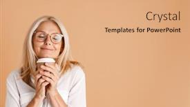  Presentation with eyeglasses - Slide deck consisting of mature-woman-in-eyeglasses-smiling background and a coral colored foreground
