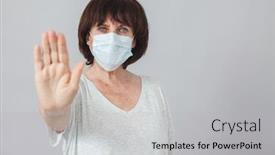  Presentation with epidemic - Presentation design with mature-woman-in-medical-mask background and a light gray colored foreground