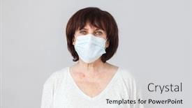  Presentation with medical virus - Audience pleasing presentation design consisting of mature-woman-in-medical-mask backdrop and a light gray colored foreground