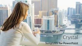  Presentation with highrise building - Amazing slides having mature woman is enjoying city view from her balcony in highrise building backdrop and a light blue colored foreground