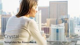  Presentation with highrise building - PPT layouts having mature woman is enjoying city view from her balcony in highrise building background and a soft green colored foreground