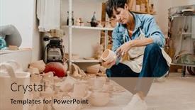  Presentation with pottery - Presentation design featuring mature-woman-looking-at-pottery background and a coral colored foreground