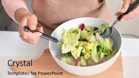  Presentation with product - Colorful slide set enhanced with mature woman making salad backdrop and a coral colored foreground