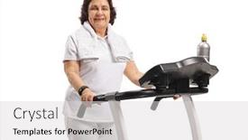  Presentation with treadmill - Audience pleasing slide deck consisting of mature woman on a treadmill looking at the camera and smiling isolated on white background backdrop and a light gray colored foreground