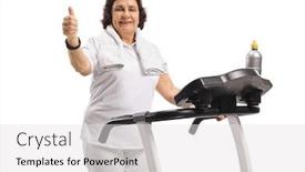  Presentation with treadmill - Cool new PPT theme with mature woman on a treadmill making a thumb up gesture isolated on white background backdrop and a white colored foreground