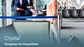  Presentation with ticket - PPT theme enhanced with mature-woman-on-board-scanning background and a ocean colored foreground