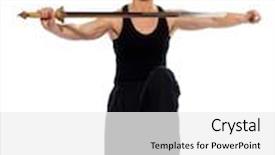  Presentation with tai chi - Colorful presentation theme enhanced with mature woman praticing tai chi chuan with sword in studio on isolated white background backdrop and a white colored foreground