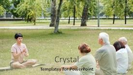  Presentation with grass - Audience pleasing slides consisting of mature-woman-sitting-on-green backdrop and a mint green colored foreground