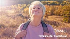 Presentation with 60s - Presentation enhanced with mature-woman-traveler-backpacking-nature background and a coral colored foreground