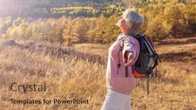  Presentation with traveler - Presentation design featuring mature-woman-traveler-backpacking-nature background and a coral colored foreground