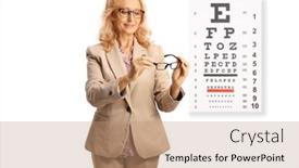  Presentation with eyesight - Presentation theme having mature-woman-trying-glasses background and a coral colored foreground