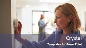  Presentation with control - Audience pleasing slide set consisting of mature-woman-turning-control-dial backdrop and a ocean colored foreground