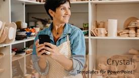  Presentation with pottery - Slide deck enhanced with mature-woman-using-mobile-phone background and a  colored foreground