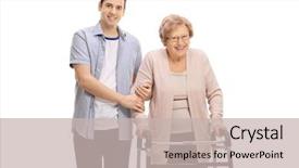  Presentation with walker - PPT theme having mature woman with a walker background and a soft green colored foreground