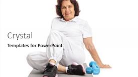  Presentation with exercise mat - Presentation theme with mature woman with an exercise mat and dumbbells isolated on white background background and a white colored foreground