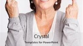  Presentation with fingers - Colorful PPT theme enhanced with mature woman with crossed fingers female showing a gesture with hands luck wish backdrop and a light gray colored foreground