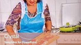  Presentation with dinner blue - Colorful theme enhanced with mature woman with cutting board in blue apron preparing dinner at kitchen backdrop and a coral colored foreground