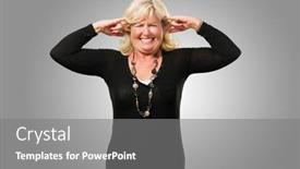  Presentation with ears - Audience pleasing slide deck consisting of mature-woman-with-fingers backdrop and a gray colored foreground