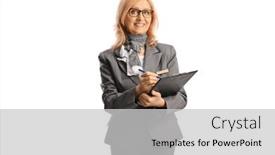  Presentation with formal - Slide set enhanced with mature-woman-with-glasses-wearing background and a light gray colored foreground