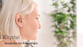  Presentation with hearing aid - Presentation design enhanced with mature-woman-with-hearing-aid background and a lemonade colored foreground
