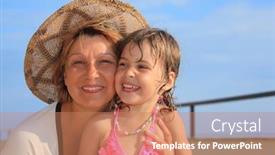  Presentation with veranda - Audience pleasing presentation consisting of mature woman with little girl in swimsuit on veranda backdrop and a coral colored foreground