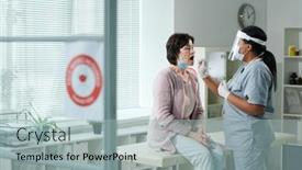  Presentation with front office - PPT theme with mature-woman-with-open-mouth background and a light blue colored foreground