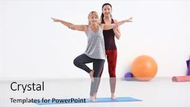  Presentation with yoga for stress management - PPT theme featuring mature woman with personal yoga background and a sky blue colored foreground