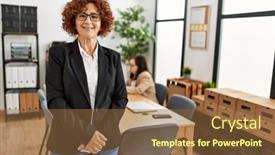  Presentation with teamwork - Theme enhanced with mature-woman-working-at-inclusive background and a tawny brown colored foreground