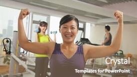  Presentation with strength - Cool new PPT theme with mature women showing her strength after workout in the gym backdrop and a coral colored foreground