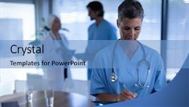  Presentation with healthcare workers - Slide set with matured caucasian female surgeon writing background and a teal colored foreground