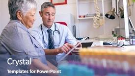  Presentation with patient centered home - Slide set with matured male doctor showing medical background and a ocean colored foreground