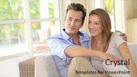  Presentation with free aging at home - Beautiful slide deck featuring matured relationship - middle-aged couple at home relaxing backdrop and a coral colored foreground