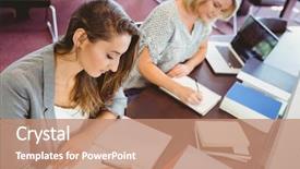  Presentation with females - Audience pleasing presentation theme consisting of matures females students writing notes at desk in library backdrop and a coral colored foreground