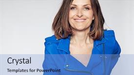  Presentation with blue aged wood sign - PPT layouts having maturity model - attractive happy middle-aged woman background and a light blue colored foreground
