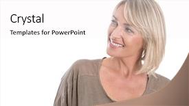  Presentation with aged - PPT layouts with maturity model - attractive middle aged blond woman background and a white colored foreground