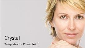  Presentation with beauty - Colorful presentation design enhanced with maturity model - forty years woman beauty backdrop and a  colored foreground