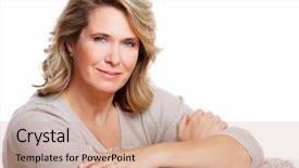  Presentation with happy smiling woman dental health - PPT layouts with maturity model - happy senior woman isolated background and a coral colored foreground