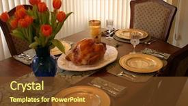  Presentation with thanksgiving dinner - PPT theme having mayflower - thanksgiving holiday dinner table could background and a tawny brown colored foreground