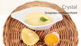  Presentation with mayonnaise - Presentation theme consisting of mayonnaise in bowl on braided placemat isolated on white background and a lemonade colored foreground