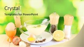  Presentation with mayonnaise - Slides consisting of mayonnaise in bowl on wooden table on nature background background and a blonde colored foreground