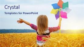  Presentation with children little child girl plays - Cool new slides with meadow on sun with wind backdrop and a sky blue colored foreground