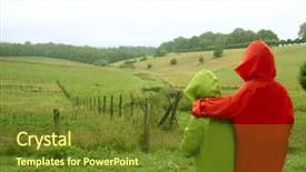  Presentation with greek column front - Colorful slides enhanced with meadow with plastic waterproof coat backdrop and a tawny brown colored foreground