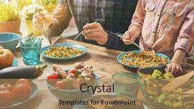  Presentation with wood rustic urban furniture - PPT layouts featuring meal - family having dinner together sitting background and a coral colored foreground