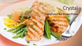  Presentation with salmon grilled fish salmon grilled - Colorful slide deck enhanced with meal fish - grilled salmon with spring vegetables backdrop and a yellow colored foreground