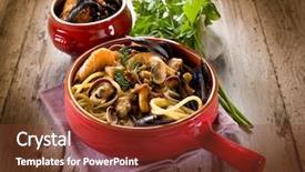  Presentation with spaghetti - Theme having meal fish - spaghetti with seafood and mushrooms background and a tawny brown colored foreground
