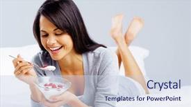  Presentation with healthy breakfast - Theme with meal woman eating healthy yoghurt background and a sky blue colored foreground